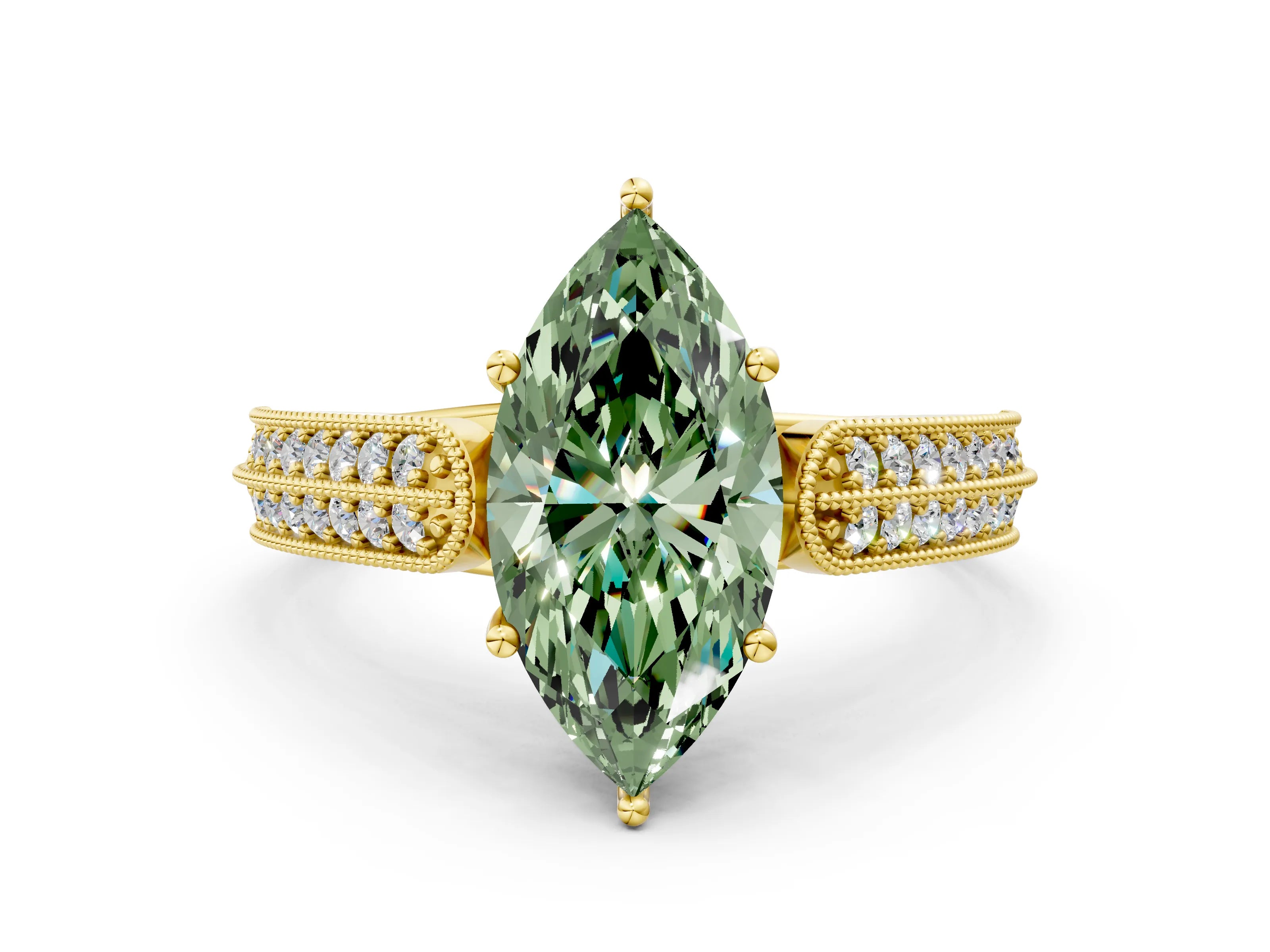 Yellow gold Fancy Green Marquise Cut Cut Pave Split Shank Engagement Ring with Four-Prong Setting