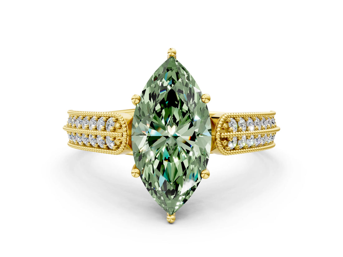 Yellow gold Fancy Green Marquise Cut Cut Pave Split Shank Engagement Ring with Four-Prong Setting