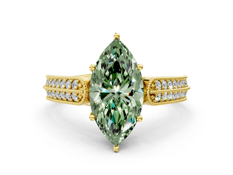 Yellow gold Fancy Green Marquise Cut Cut Pave Split Shank Engagement Ring with Four-Prong Setting
