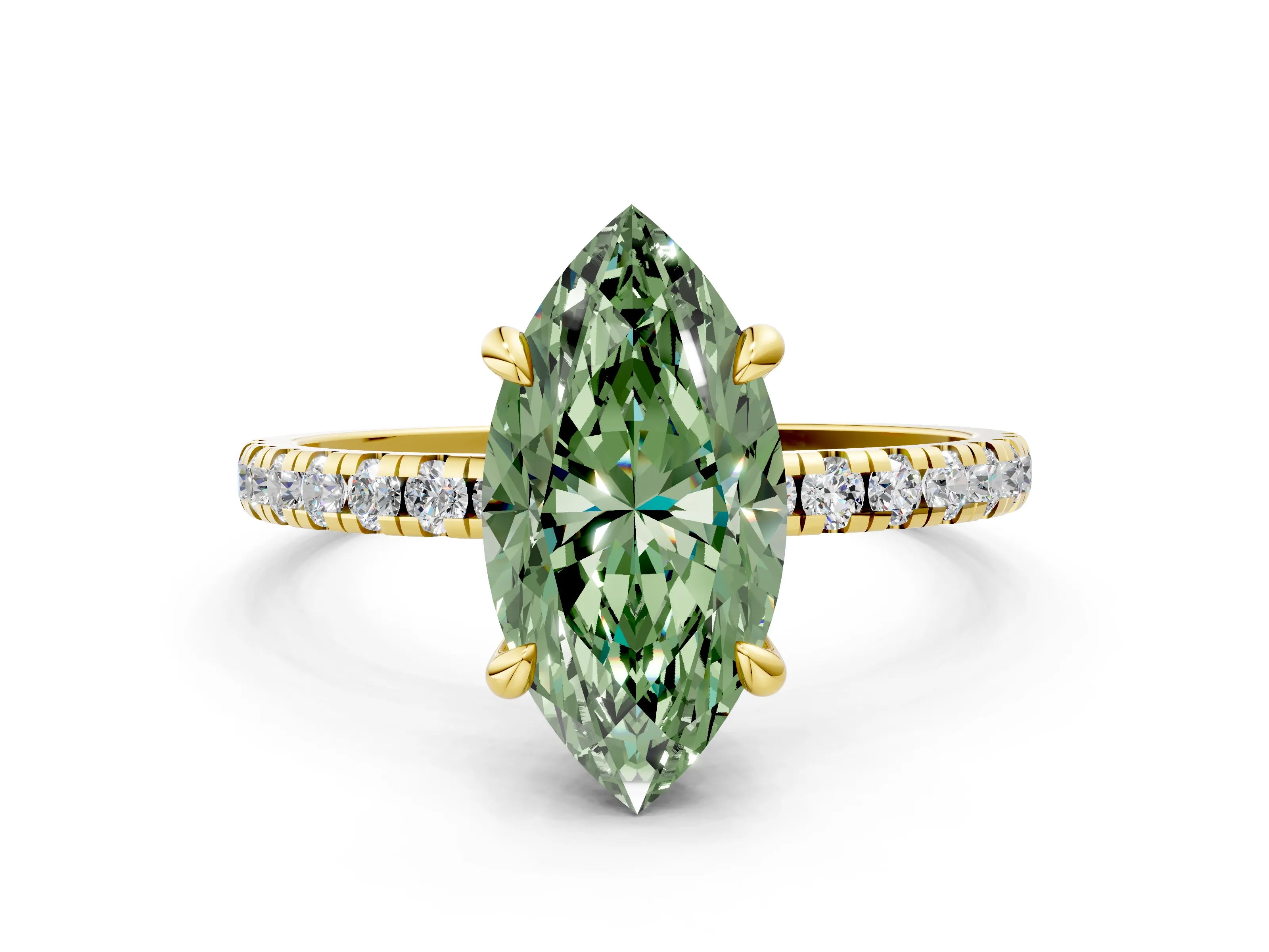 Yellow gold Fancy Green Marquise Cut Diamond Brilliant Solitaire Ring with Pavé Band and Four-Prong Setting