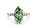 Yellow gold Fancy Green Marquise Cut Diamond Brilliant Solitaire Ring with Pavé Band and Four-Prong Setting