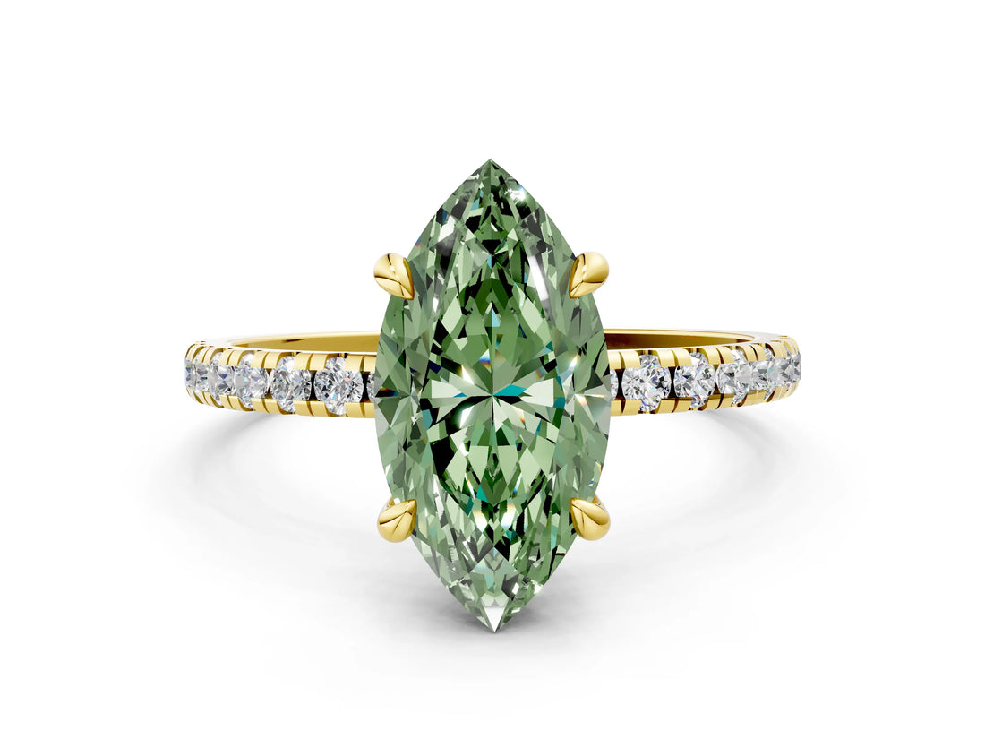Yellow gold Fancy Green Marquise Cut Diamond Brilliant Solitaire Ring with Pavé Band and Four-Prong Setting_12