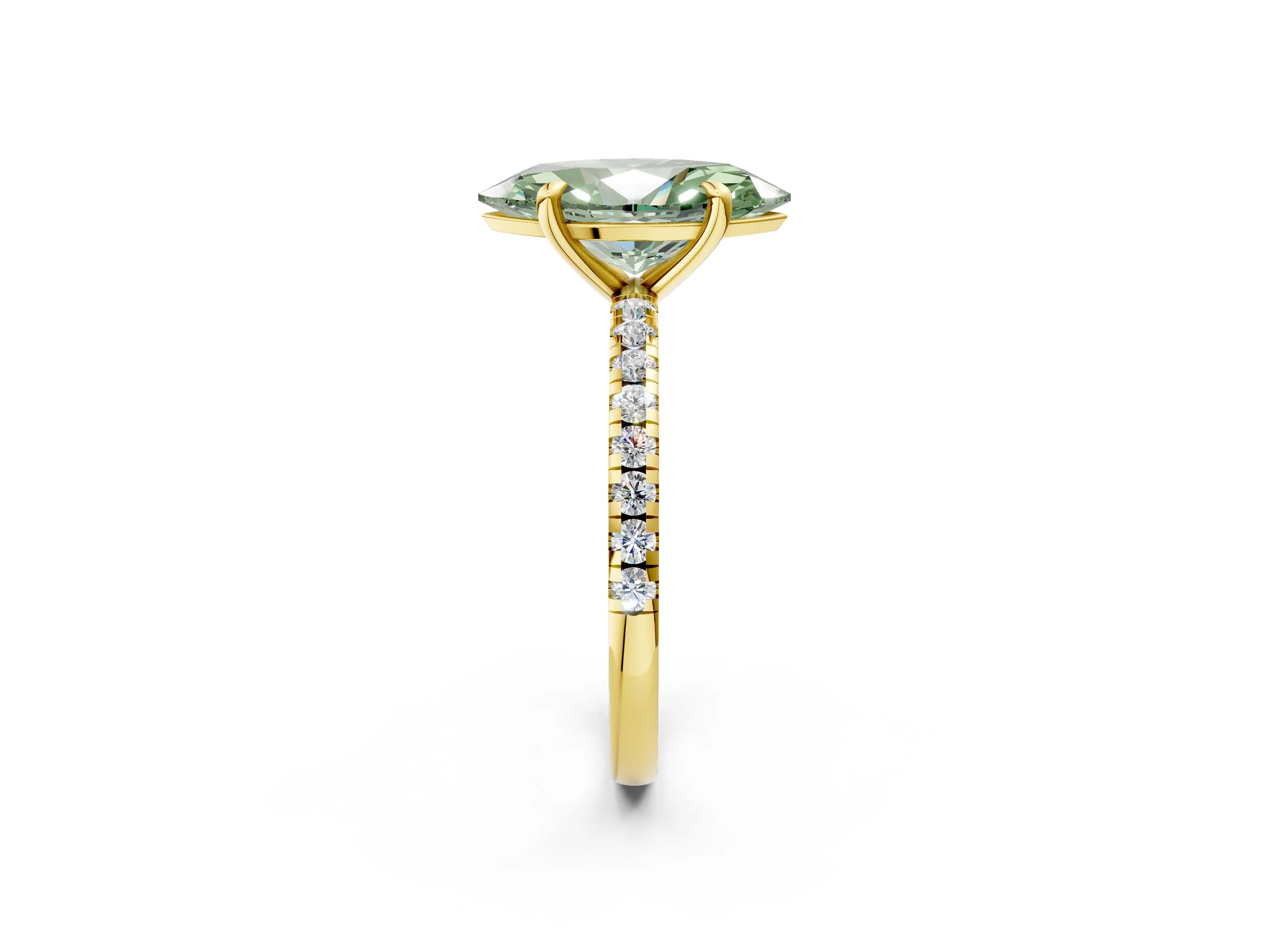 Yellow gold Fancy Green Marquise Cut Diamond Brilliant Solitaire Ring with Pavé Band and Four-Prong Setting_2