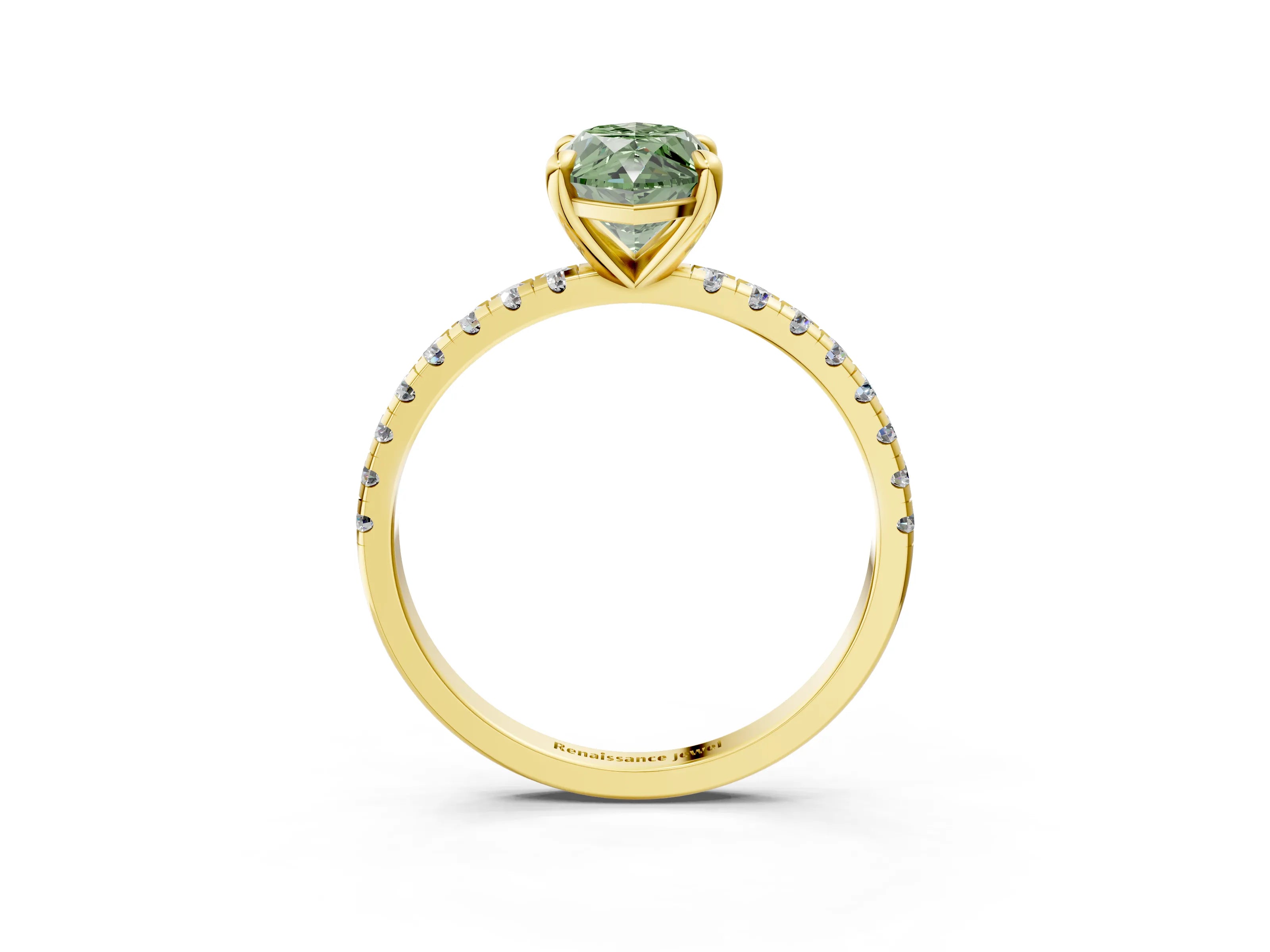 Yellow gold Fancy Green Marquise Cut Diamond Brilliant Solitaire Ring with Pavé Band and Four-Prong Setting_3