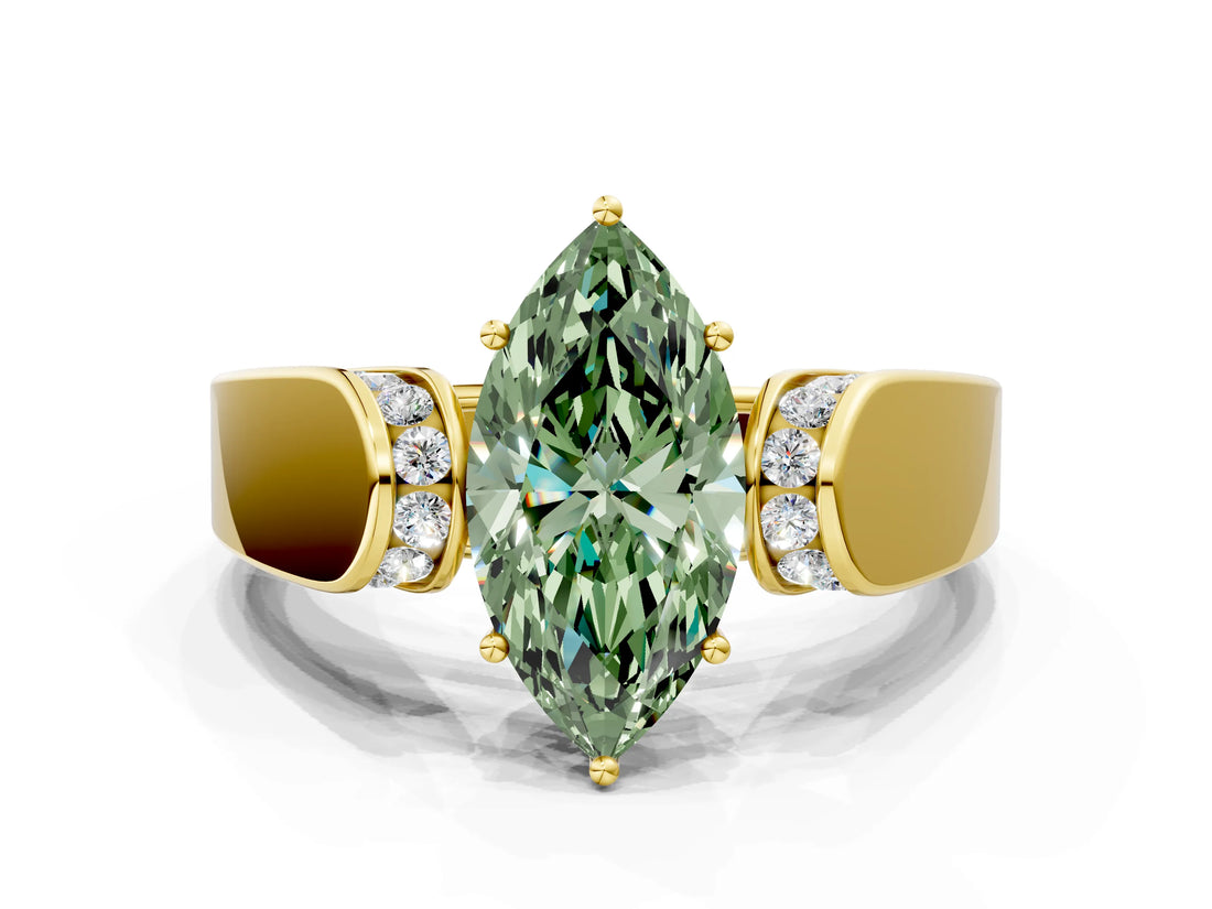 Yellow gold Fancy Green Marquise Cut Diamond Channel Set Solitaire Ring with Four-Prong Setting_12