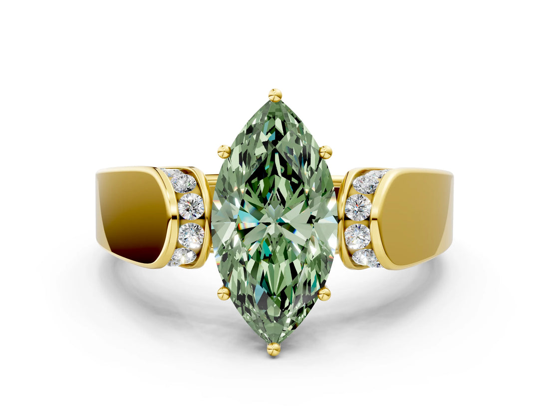 Yellow gold Fancy Green Marquise Cut Diamond Channel Set Solitaire Ring with Four-Prong Setting_36