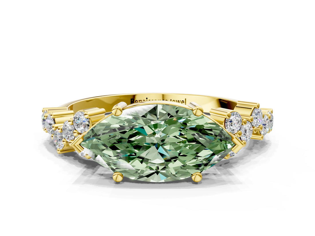 Yellow gold Fancy Green Marquise Cut Diamond Cluster Pavé Band with Four-Prong Setting_3