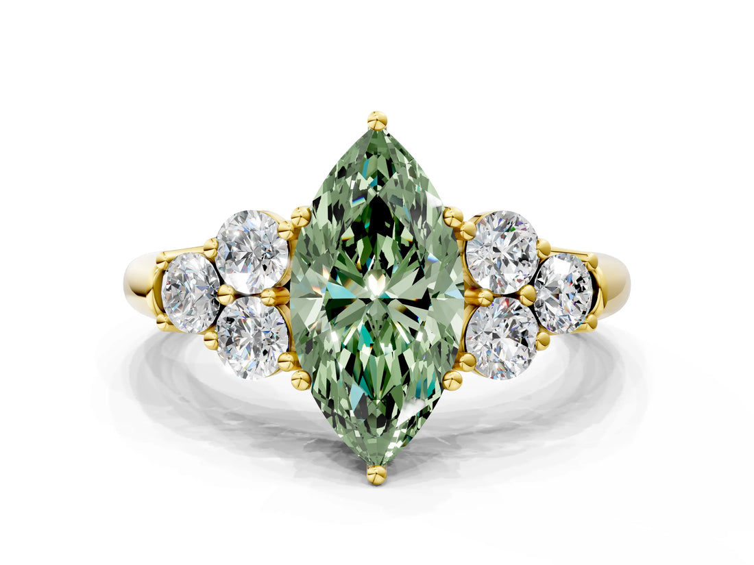 Yellow gold Fancy Green Marquise  Cut Diamond Cluster Ring with Round Accent Stones and Prong Setting on a Classic Band_49