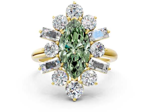Yellow gold Fancy Green Marquise Cut Diamond Cluster Ring with Round and Baguette Stones, Split Shank Band, Prong Setting
