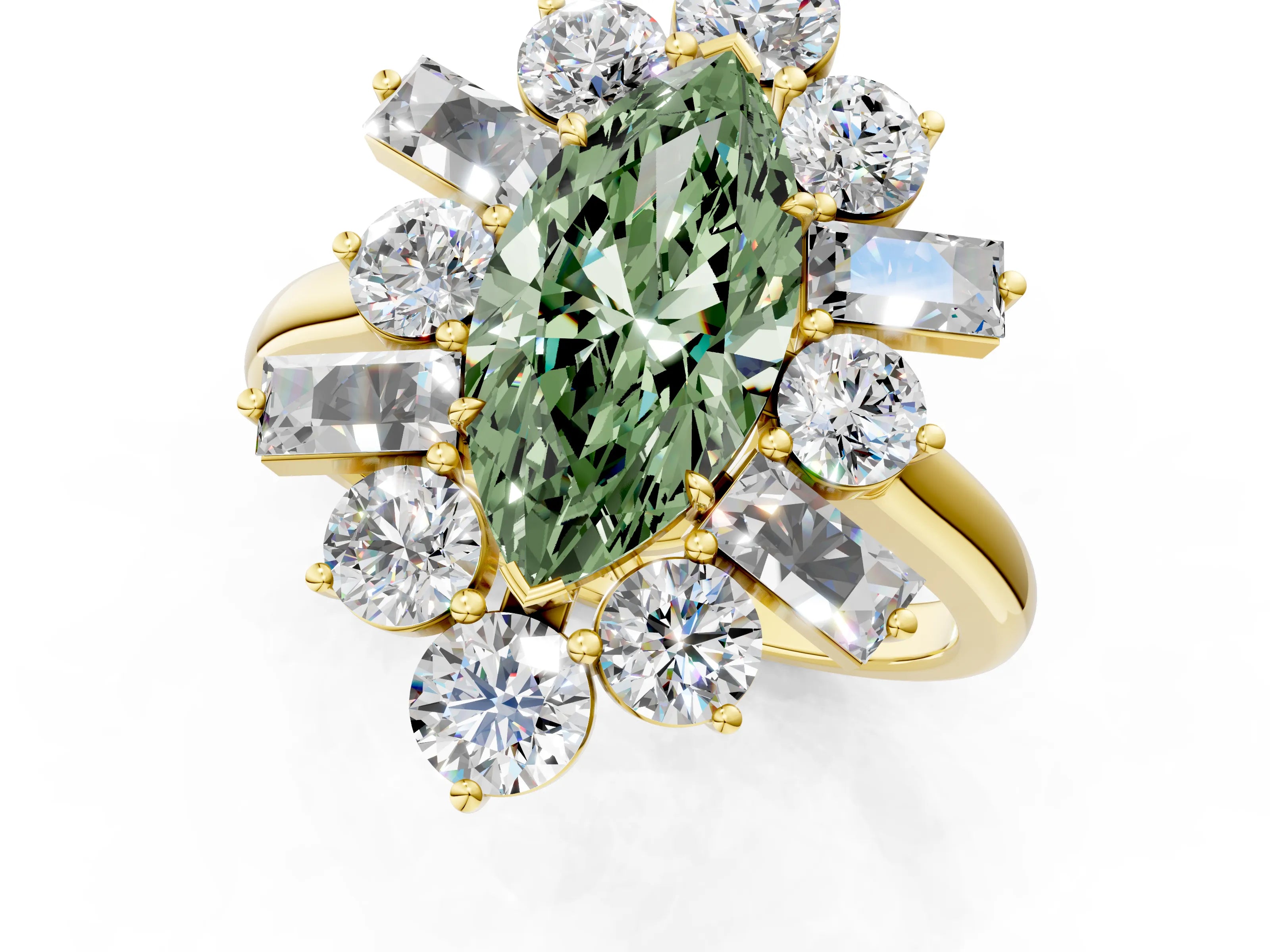 Yellow gold Fancy Green Marquise Cut Diamond Cluster Ring with Round and Baguette Stones, Split Shank Band, Prong Setting_1