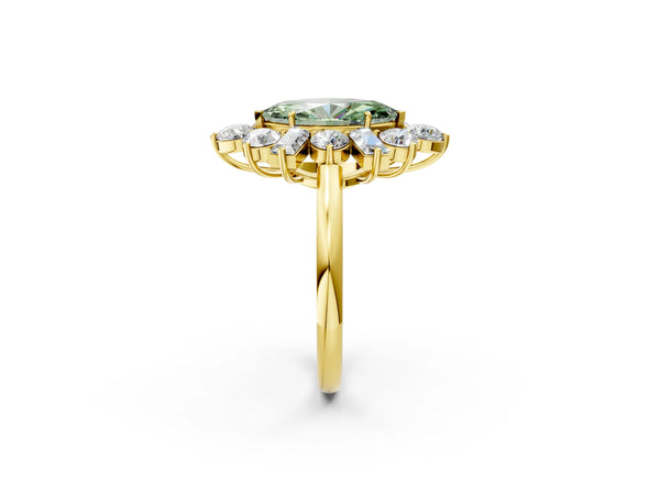 Yellow gold Fancy Green Marquise Cut Diamond Cluster Ring with Round and Baguette Stones, Split Shank Band, Prong Setting
