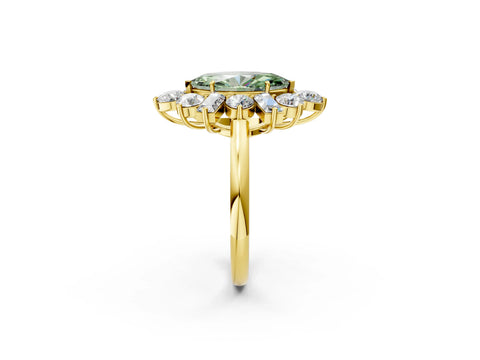 Yellow gold Fancy Green Marquise Cut Diamond Cluster Ring with Round and Baguette Stones, Split Shank Band, Prong Setting_2