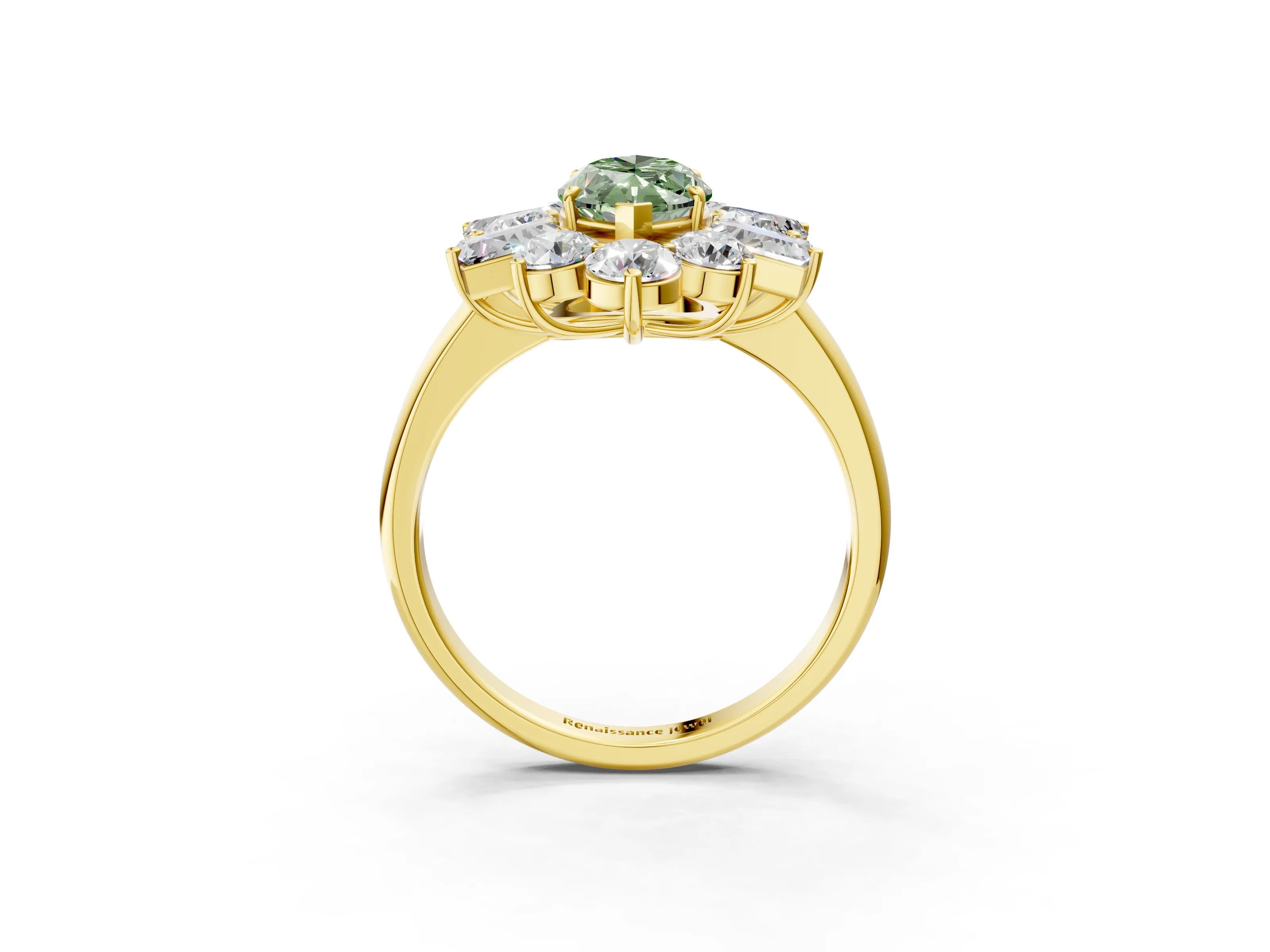 Yellow gold Fancy Green Marquise Cut Diamond Cluster Ring with Round and Baguette Stones, Split Shank Band, Prong Setting_3