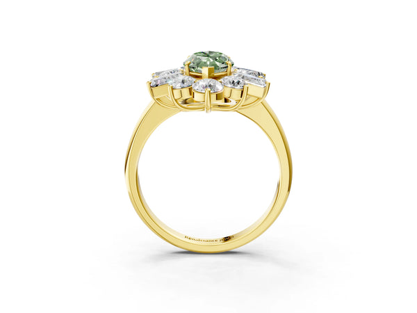Yellow gold Fancy Green Marquise Cut Diamond Cluster Ring with Round and Baguette Stones, Split Shank Band, Prong Setting