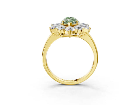 Yellow gold Fancy Green Marquise Cut Diamond Cluster Ring with Round and Baguette Stones, Split Shank Band, Prong Setting_3
