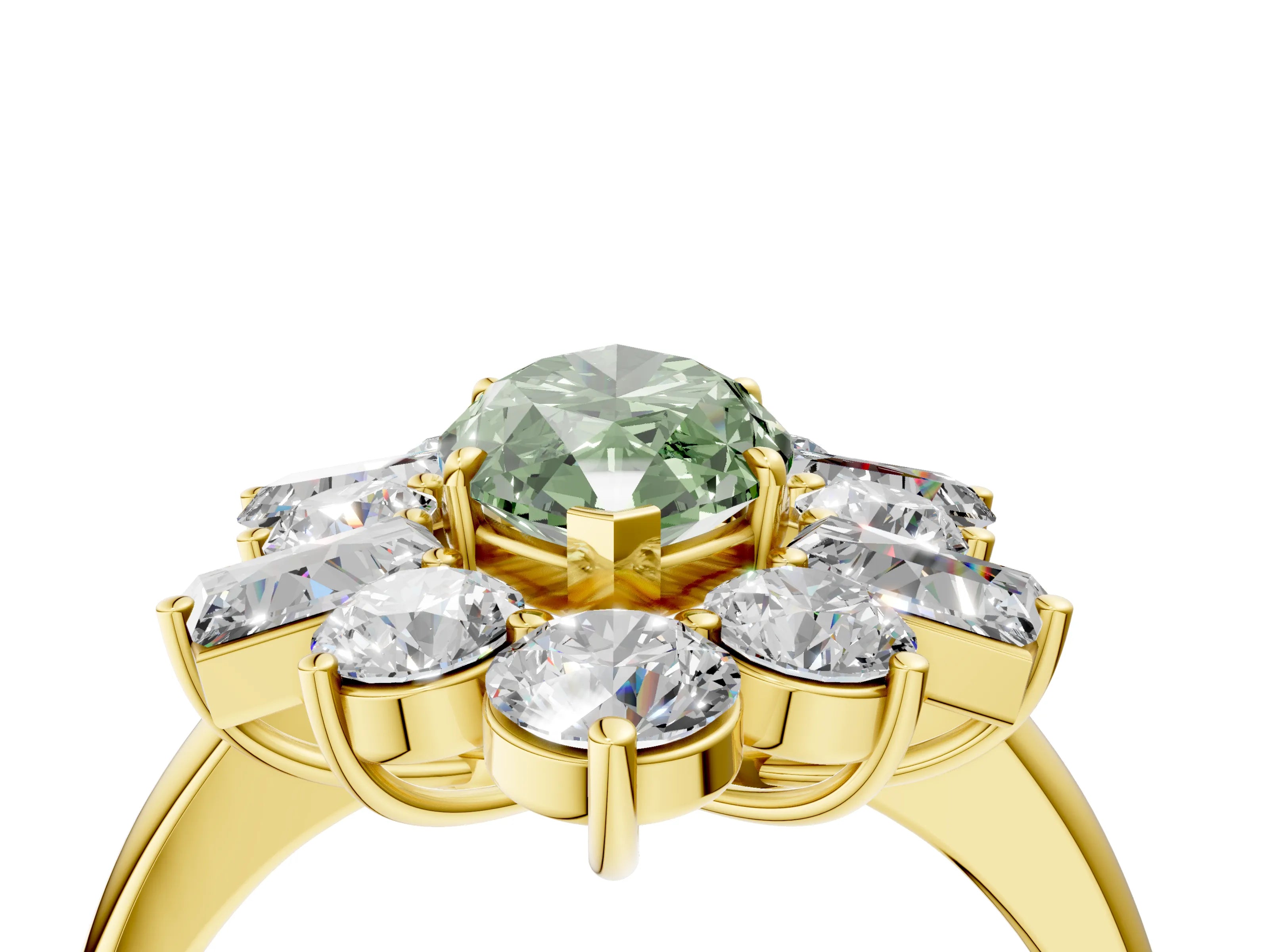 Yellow gold Fancy Green Marquise Cut Diamond Cluster Ring with Round and Baguette Stones, Split Shank Band, Prong Setting_4