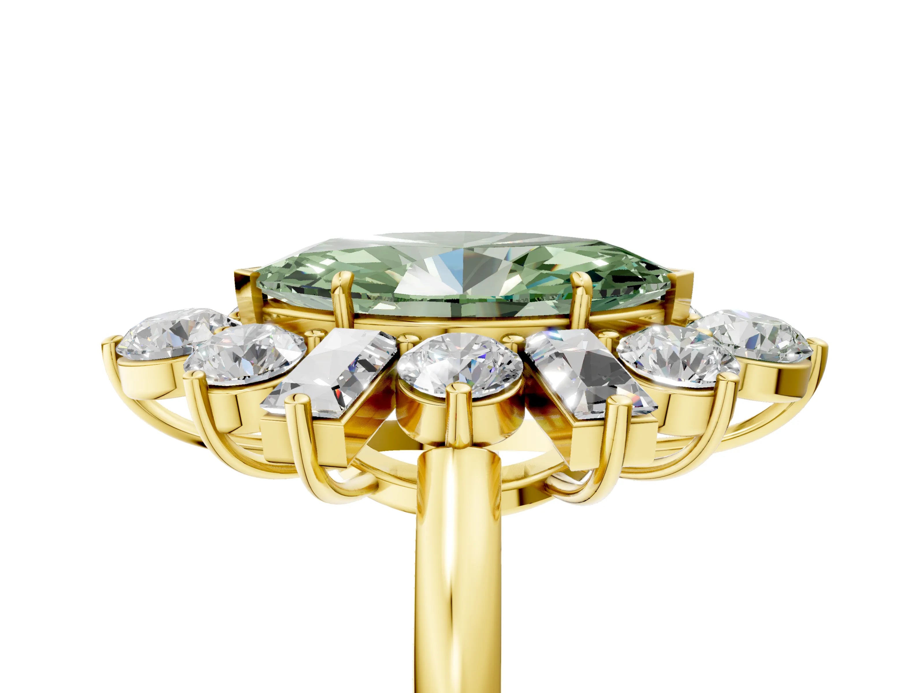 Yellow gold Fancy Green Marquise Cut Diamond Cluster Ring with Round and Baguette Stones, Split Shank Band, Prong Setting_5
