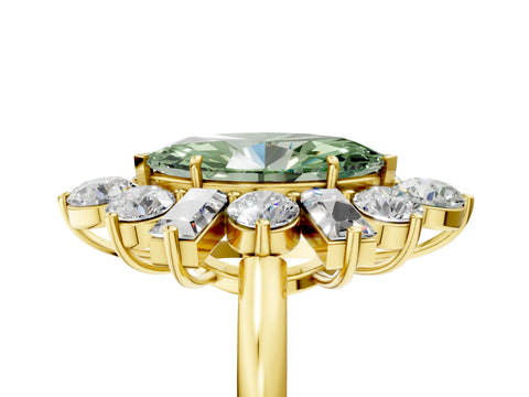Yellow gold Fancy Green Marquise Cut Diamond Cluster Ring with Round and Baguette Stones, Split Shank Band, Prong Setting_5
