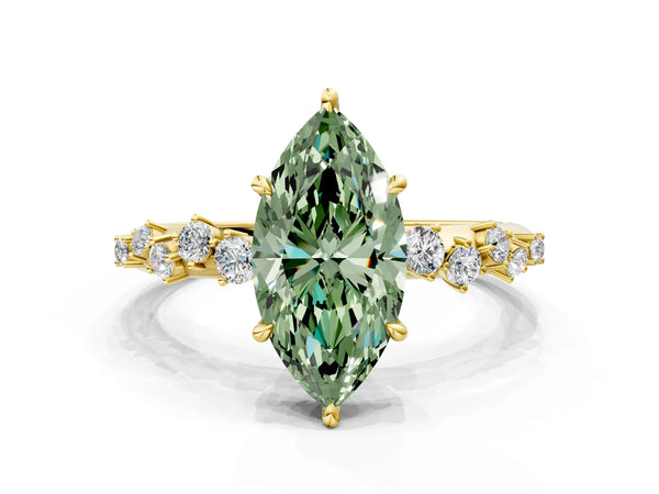 Yellow gold Fancy Green Marquise Cut Diamond Cluster Side Stone Solitaire Ring with Prong Setting