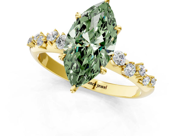 Yellow gold Fancy Green Marquise Cut Diamond Cluster Side Stone Solitaire Ring with Prong Setting