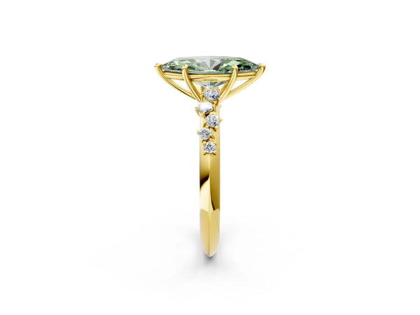 Yellow gold Fancy Green Marquise Cut Diamond Cluster Side Stone Solitaire Ring with Prong Setting