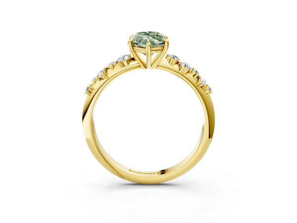 Yellow gold Fancy Green Marquise Cut Diamond Cluster Side Stone Solitaire Ring with Prong Setting