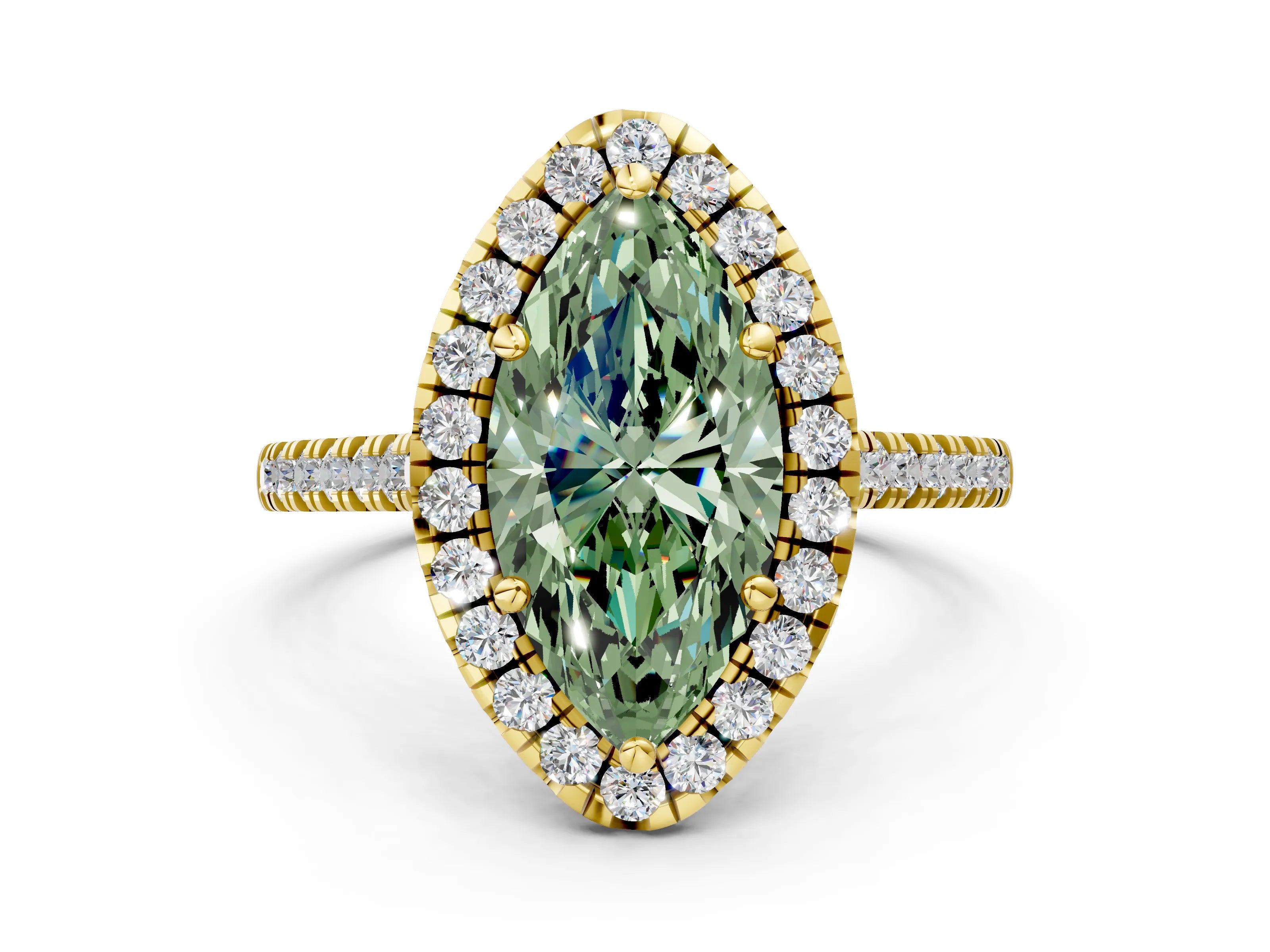 Yellow gold Fancy Green Marquise Cut Diamond Cushion Halo Ring with Pavé Band