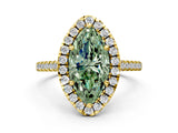 Yellow gold Fancy Green Marquise Cut Diamond Cushion Halo Ring with Pavé Band