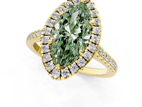 Yellow gold Fancy Green Marquise Cut Diamond Cushion Halo Ring with Pavé Band_1