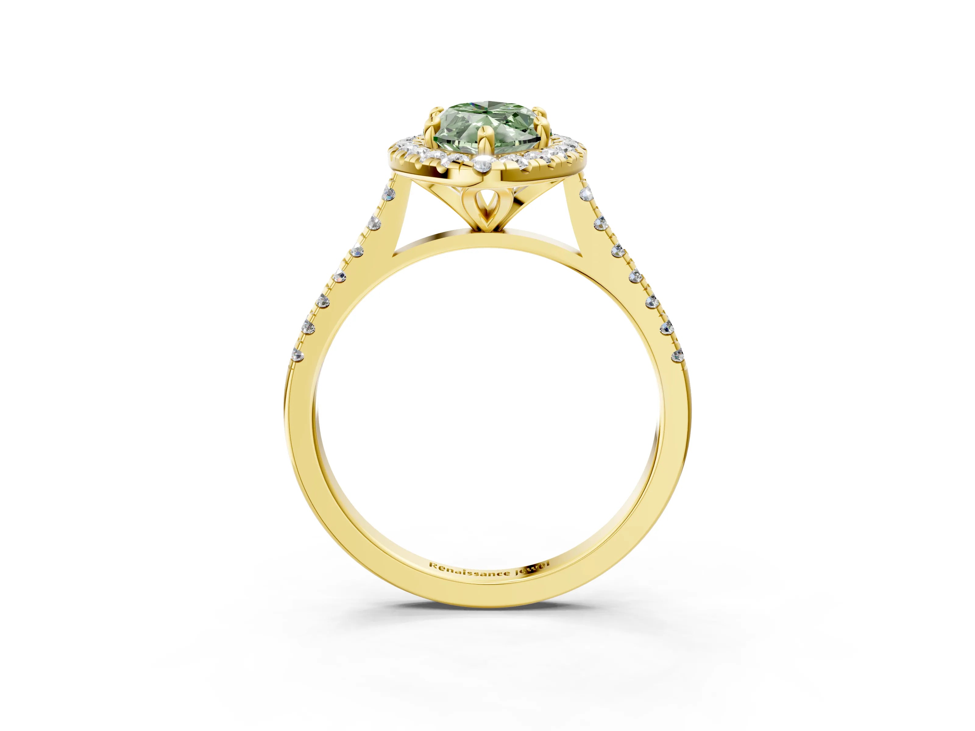 Yellow gold Fancy Green Marquise Cut Diamond Cushion Halo Ring with Pavé Band_3
