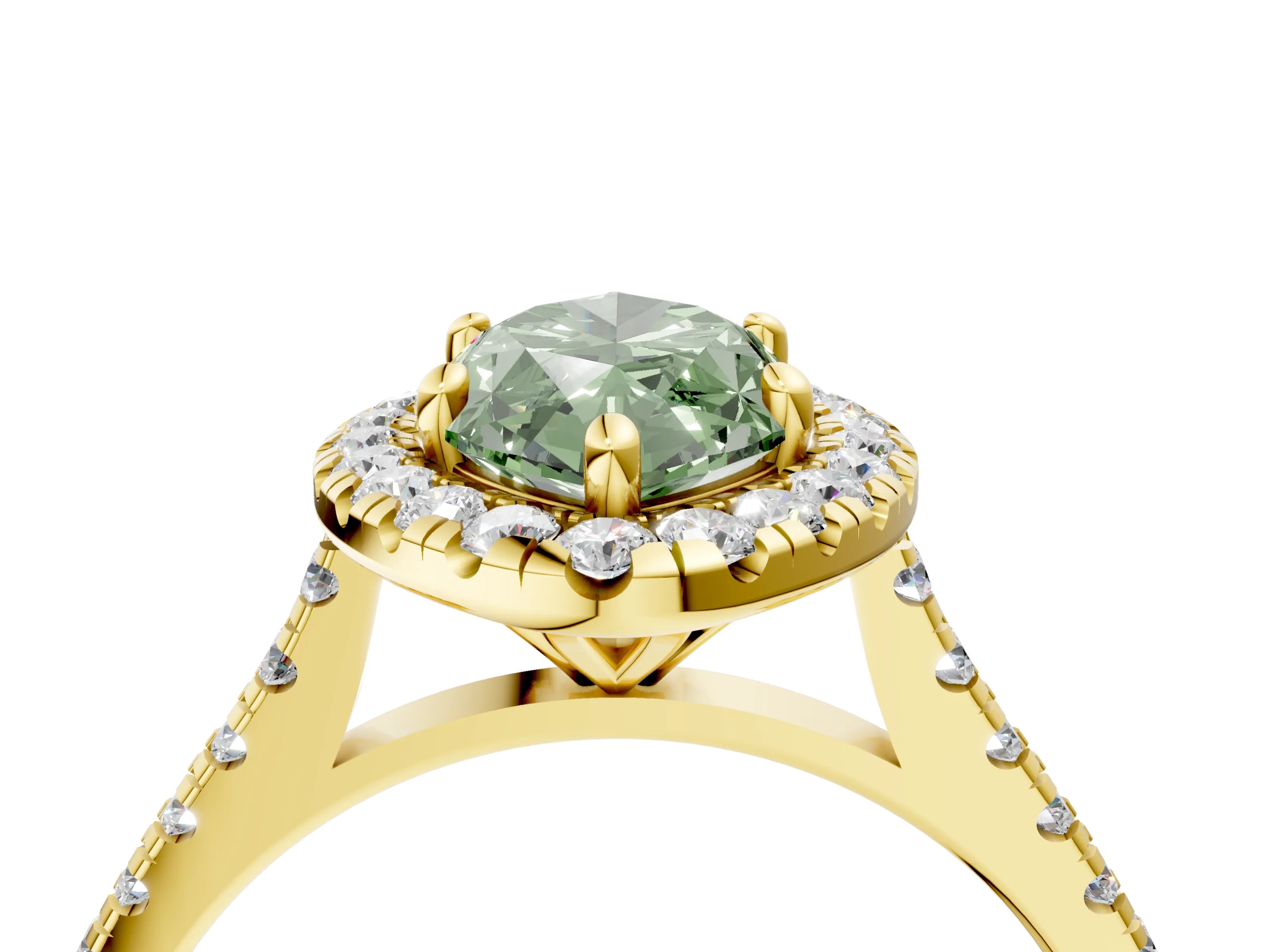 Yellow gold Fancy Green Marquise Cut Diamond Cushion Halo Ring with Pavé Band_4