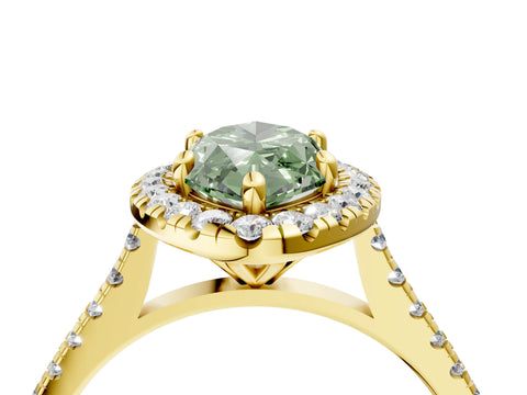 Yellow gold Fancy Green Marquise Cut Diamond Cushion Halo Ring with Pavé Band_4