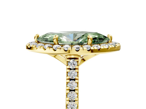 Yellow gold Fancy Green Marquise Cut Diamond Cushion Halo Ring with Pavé Band_5