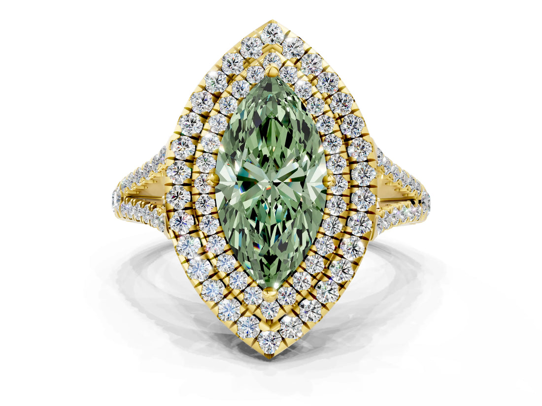 Yellow gold Fancy Green Marquise Cut Diamond Double Halo Ring with Pavé Band and Prong Setting_72