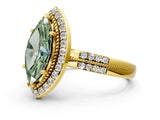 Yellow gold Fancy Green Marquise Cut Diamond Double Halo Ring with Split Shank and Four-Prong Setting_12
