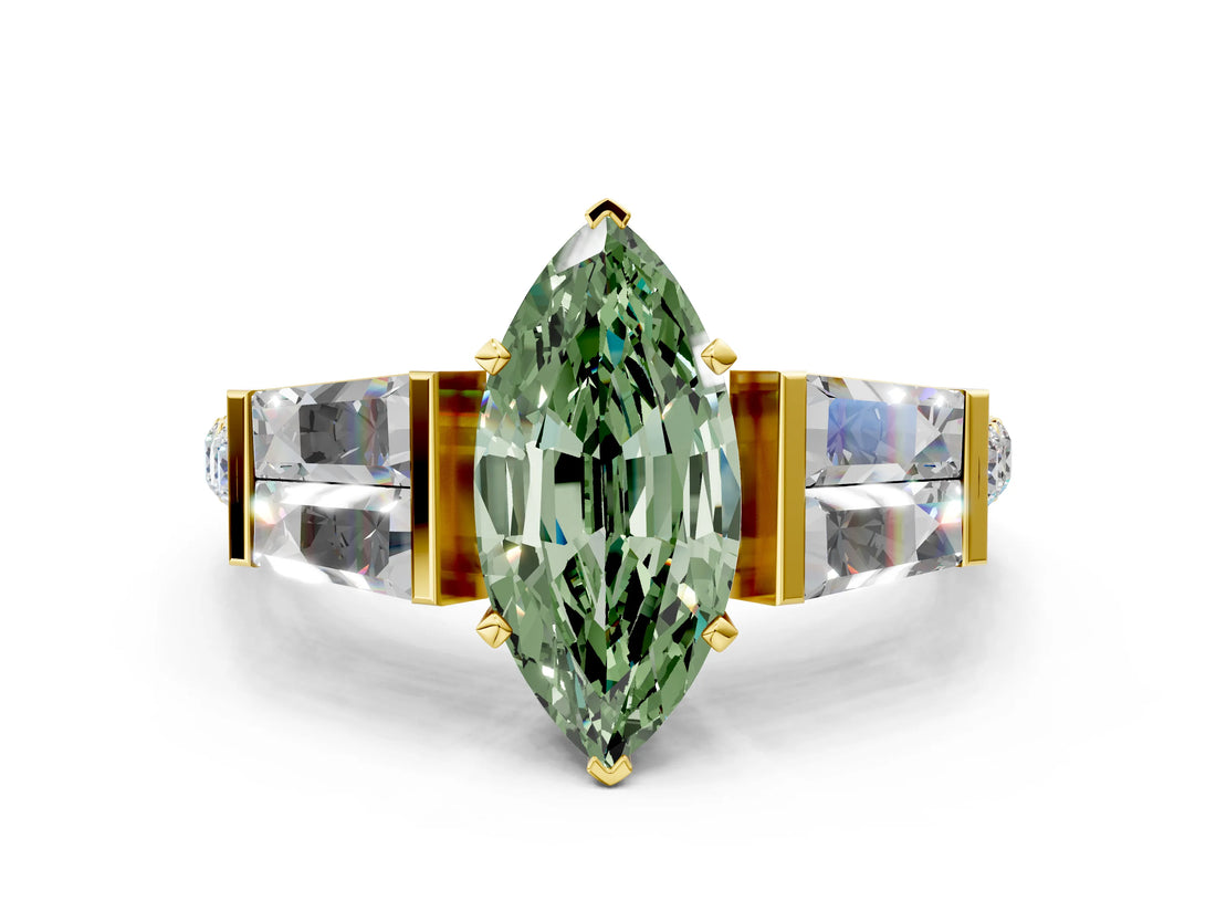 Yellow gold Fancy Green Marquise Cut Diamond Engagement Ring with Baguette Side Stones and Channel Set Band_20