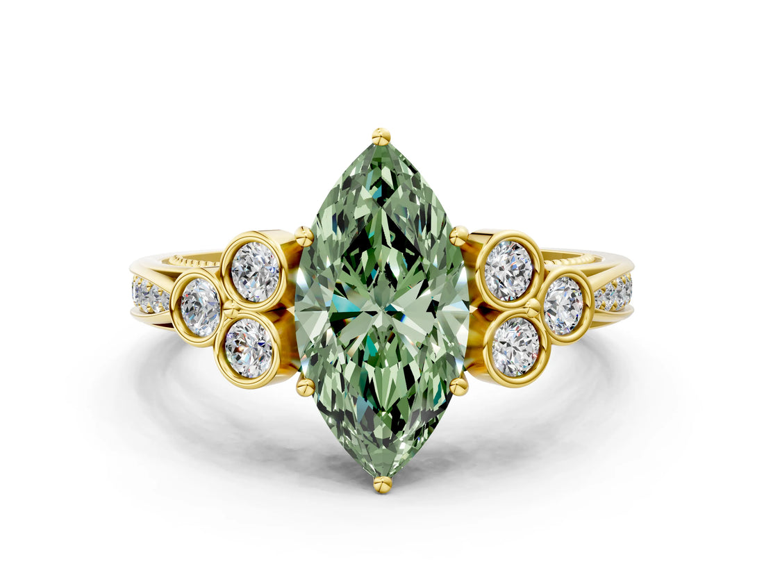 Yellow gold Fancy Green Marquise  Cut Diamond Engagement Ring with Bezel Set Round Side Stones and Prong Setting_49