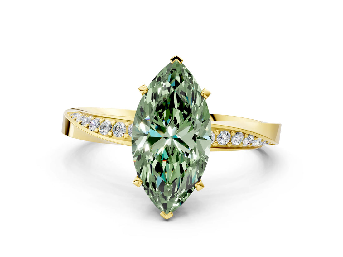 Yellow gold Fancy Green Marquise Cut Diamond Engagement Ring with Side Stone Accents and Four-Prong Setting_12