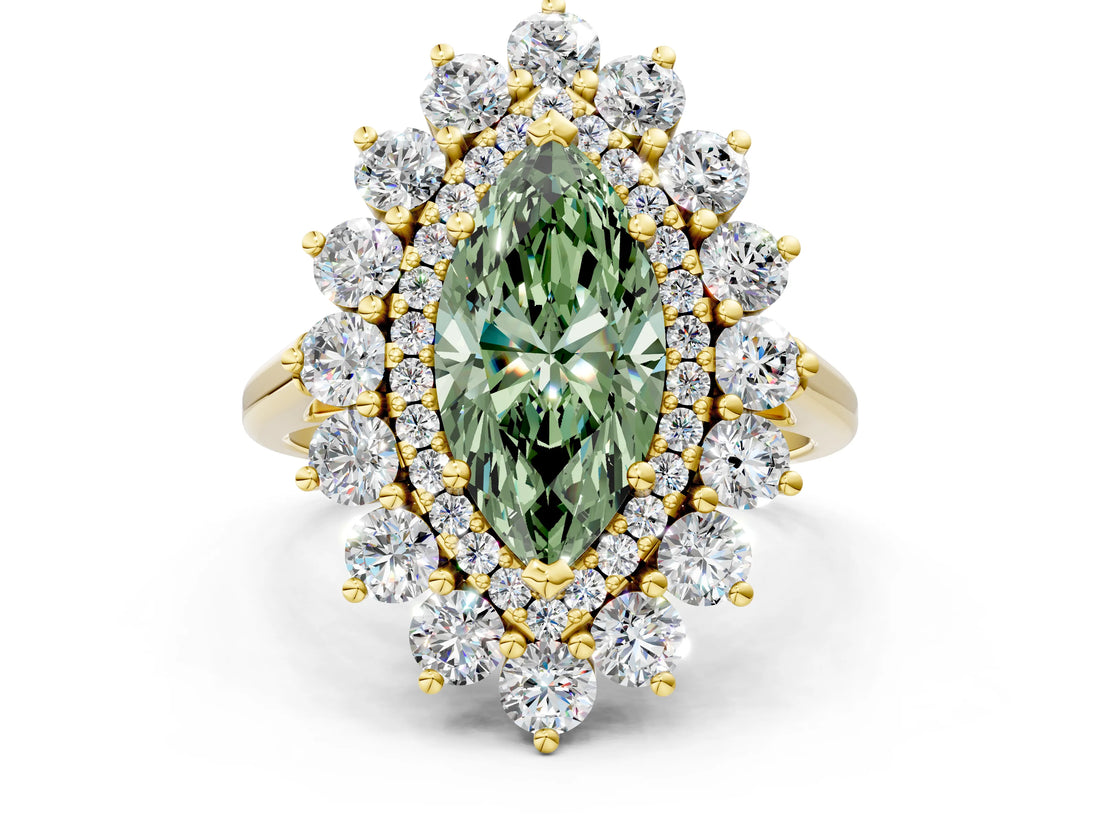 Yellow gold Fancy Green Marquise Cut Diamond Floral Double Halo Engagement Ring with Prong Setting_25