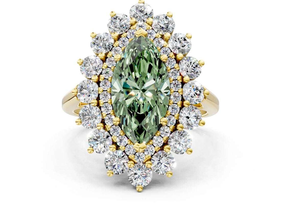 Yellow gold Fancy Green Marquise Cut Diamond Floral Double Halo Engagement Ring with Prong Setting_73