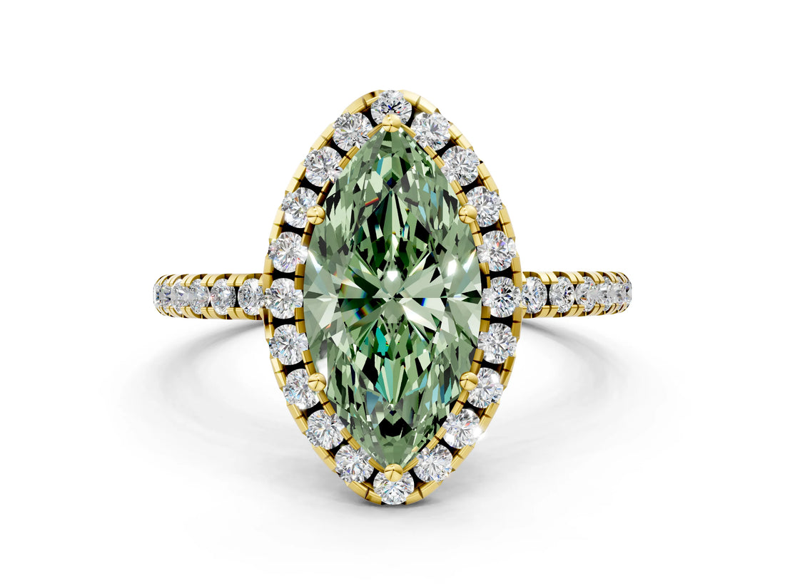 Yellow gold Fancy Green Marquise  Cut Diamond Floral Halo Engagement Ring with Pavé Band and Prong Setting_37