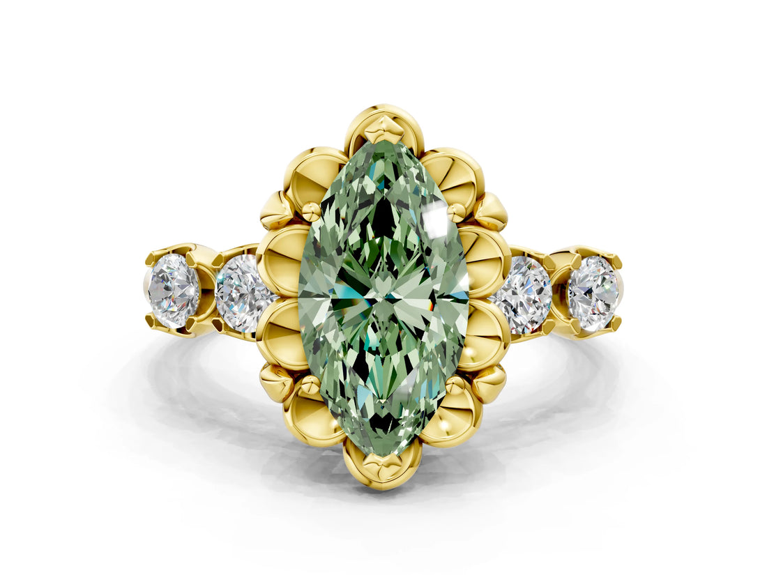 Yellow gold Fancy Green Marquise  Cut Diamond Floral Halo Engagement Ring with Shared Prong Setting