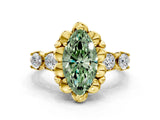 Yellow gold Fancy Green Marquise  Cut Diamond Floral Halo Engagement Ring with Shared Prong Setting
