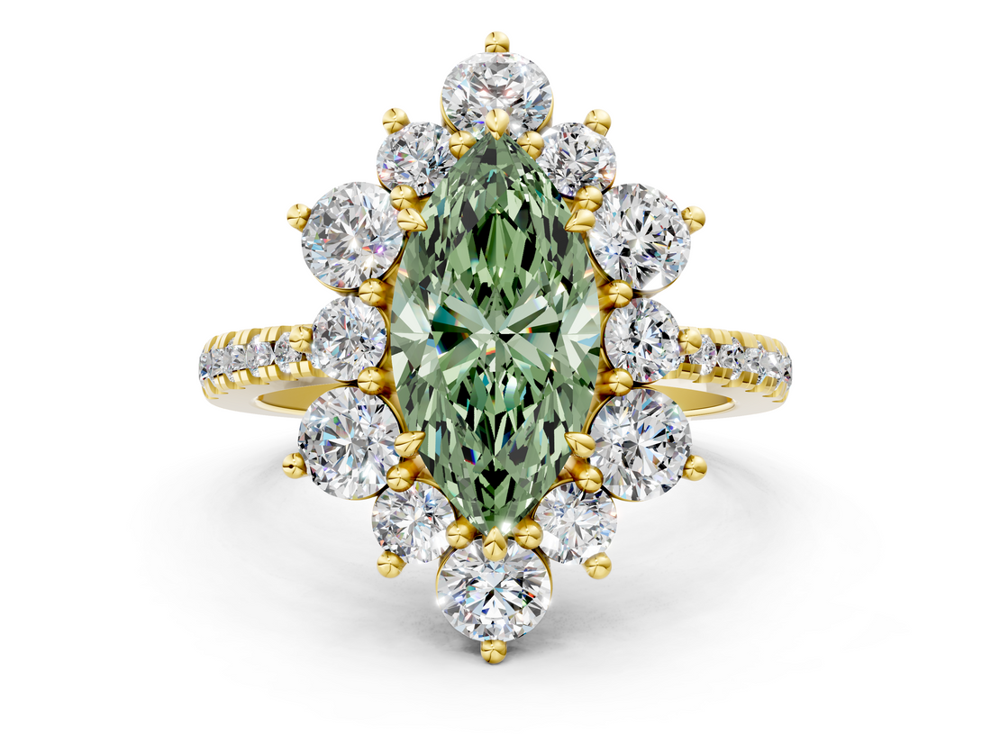 Yellow gold Fancy Green Marquise  Cut Diamond Floral Halo Pave Band with Prong Setting_36