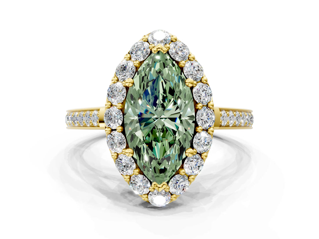 Yellow gold Fancy Green Marquise Cut Diamond Floral Halo Ring with Pavé Band and Prong Setting_3