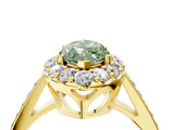 Yellow gold Fancy Green Marquise Cut Diamond Floral Halo Ring with Pavé Band and Prong Setting_7