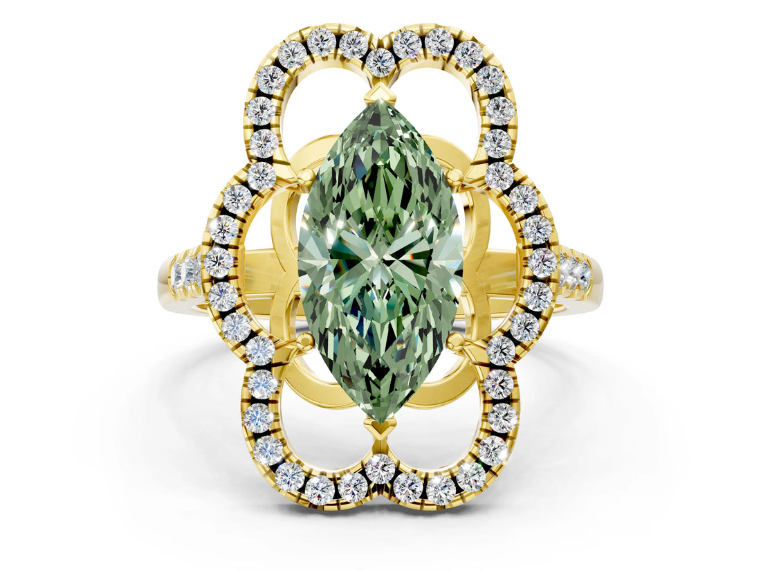 Yellow gold Fancy Green Marquise Cut Diamond Floral Halo Split Shank Prong Setting Ring_24