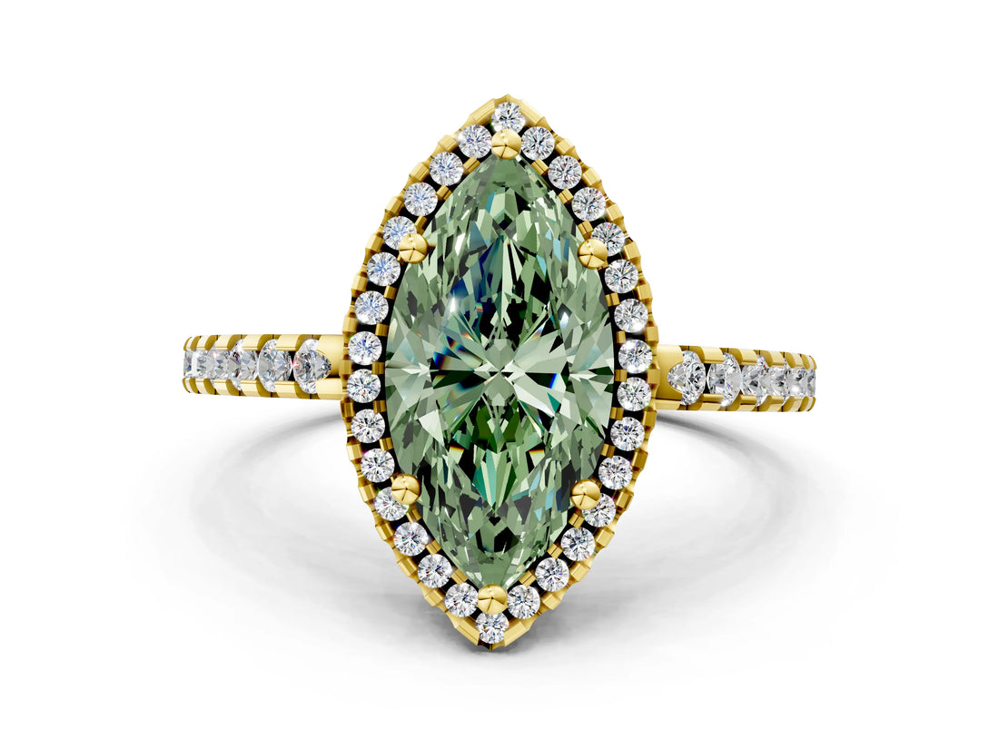 Yellow gold Fancy Green Marquise Cut Diamond Halo Engagement Ring with Pavé Band and Prong Setting_27