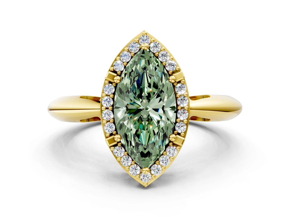Yellow gold Fancy Green Marquise  Cut Diamond Halo Engagement Ring with Split Shank and Four-Prong Setting_90