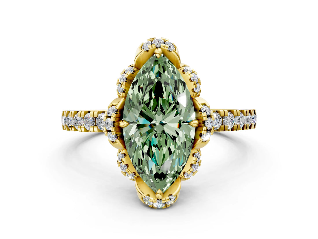 Yellow gold Fancy Green Marquise Cut Diamond Halo Pave Band with Four-Prong Setting_3